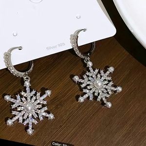 Snowflake Shiny Zircon Faux Pearl Inlaid Classic Dangle Small Hoop Earrings